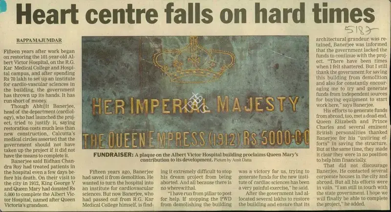 Bappa Majumdar (Reporter), Heart Centre falls on hard times, 2003, Newspaper Clipping