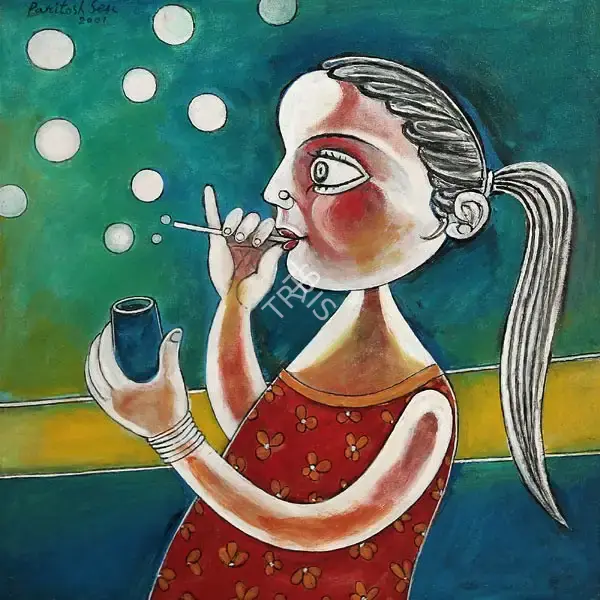 Paritosh Sen (Artist), Young Girl Making Soap Bubbles, 2001, Painting