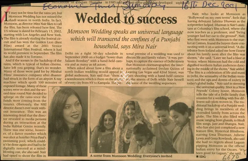 Mira Nair (Reporter), Wedded to Success, 2001, Newspaper Clipping