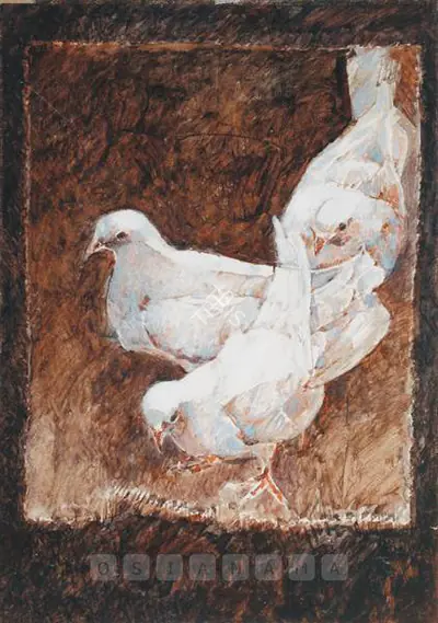 Jamil Naqsh (Artist), Pigeons, 1988, Painting