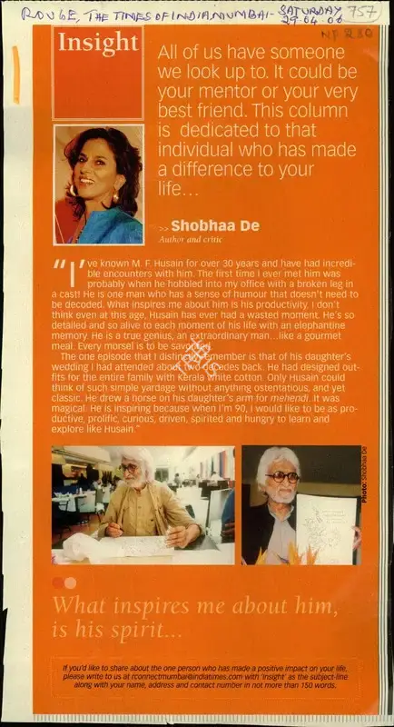 Shobha De (Writer), What Inspires Me About Him, is His Spirit, 2006, Newspaper Clipping