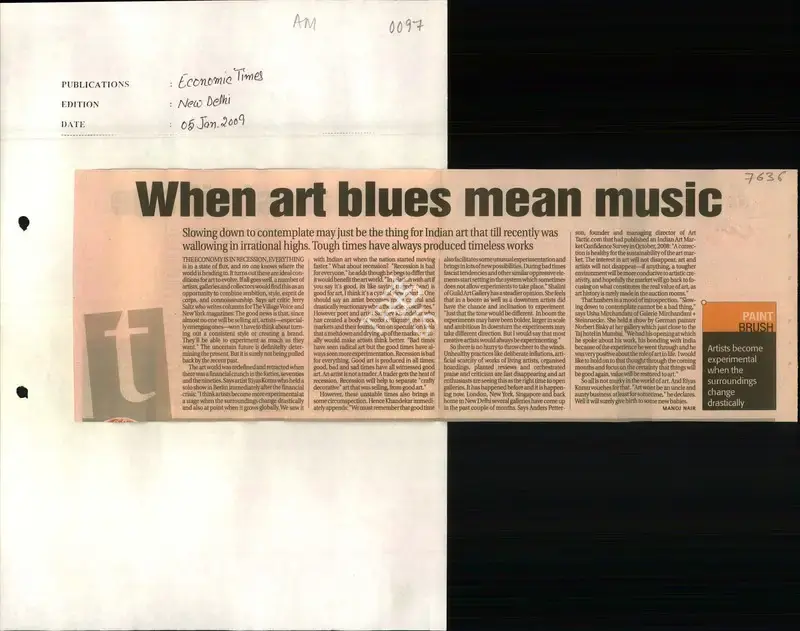 Manoj Nair (Reporter), When Art Blues Mean Music, 2009, Newspaper Clipping