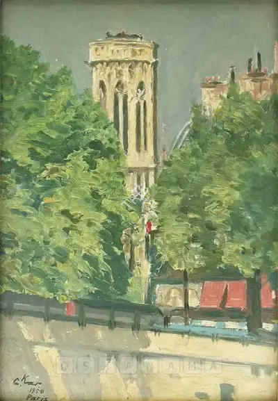 Chintamoni Kar (Artist), Church Tower In Front Of Musee De Louvre, Paris, 1950, Painting