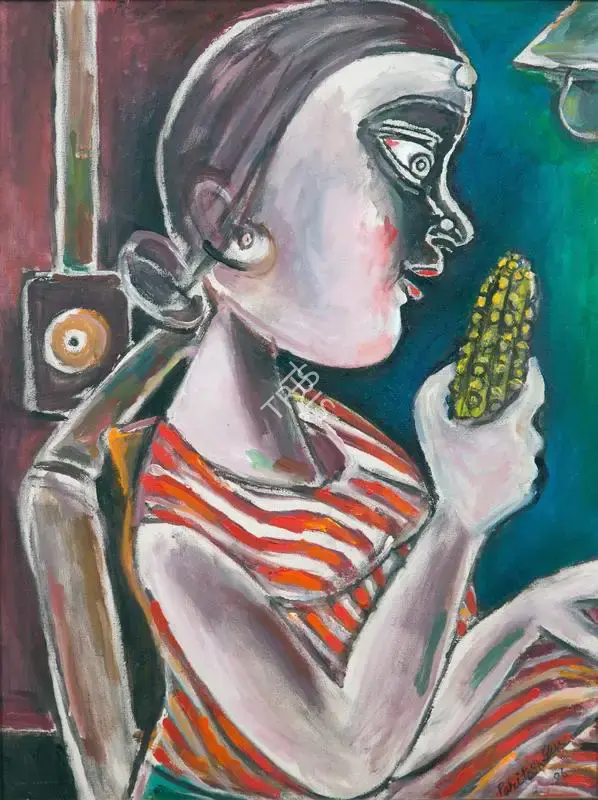 Paritosh Sen (Artist), Girl eating a maize, 1996, Painting