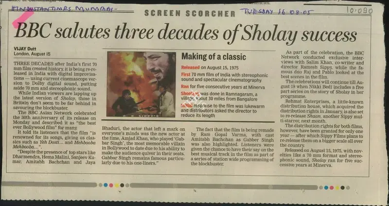 Vijay Dutt (Reporter), BBC Salutes three Decades of Sholay Success, 2005, Newspaper Clipping