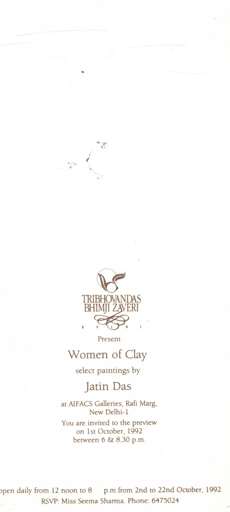 Jatin Das (Artist), Women of Clay, 1992, Solo Exhibition Invitation