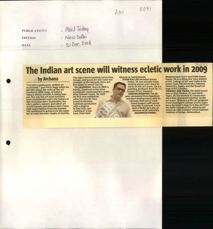 Archana Khare (Reporter), The Indian Art Scene will Witness Ecletic Work in 2009, 2008, Newspaper Clipping