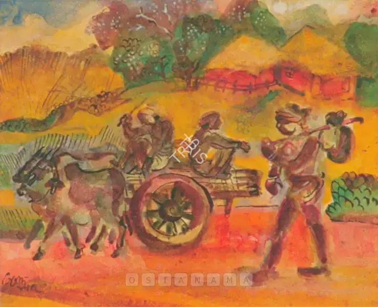 Mukherjee, B.B. (Artist). Santhal Boys With Bullock Cart, 1951 | Painting, Ch.NeY/19.09.02, 2002 · Christie's
