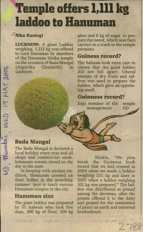 Alka Rastogi (Reporter), Temple Offers 1,111 Kg Laddoo to Hanuman, 2006, Newspaper Clipping