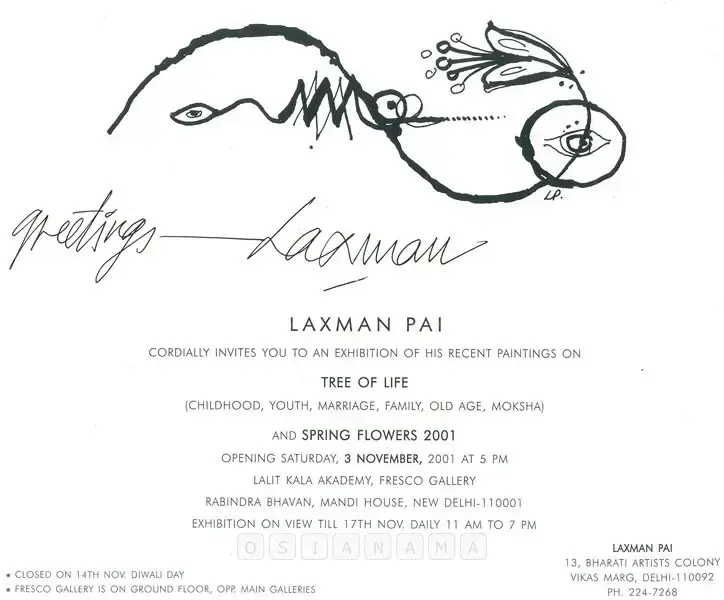 Laxman Pai (Artist), Tree to Life (Childhood, Youth, Marriage, Family, Old Age, Moksha) and Spring Flowers, 2001, Solo Exhibition Invitation