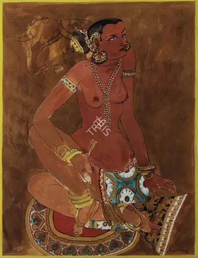 Jamil Naqsh (Artist), Seated Woman with Elephant, 1987, Painting