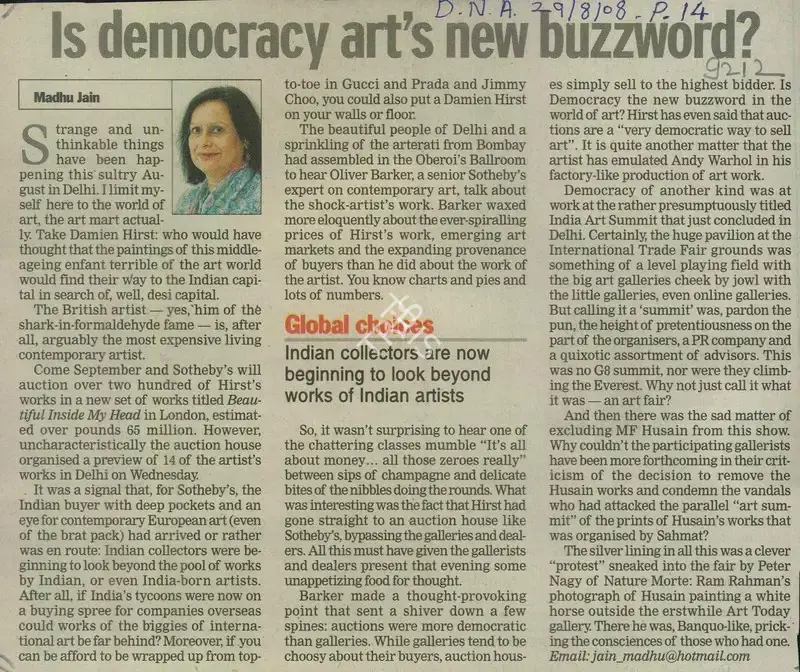 Madhu Jain (Reporter), Is Democracy Art's New Buzzword, 2008, Newspaper Clipping