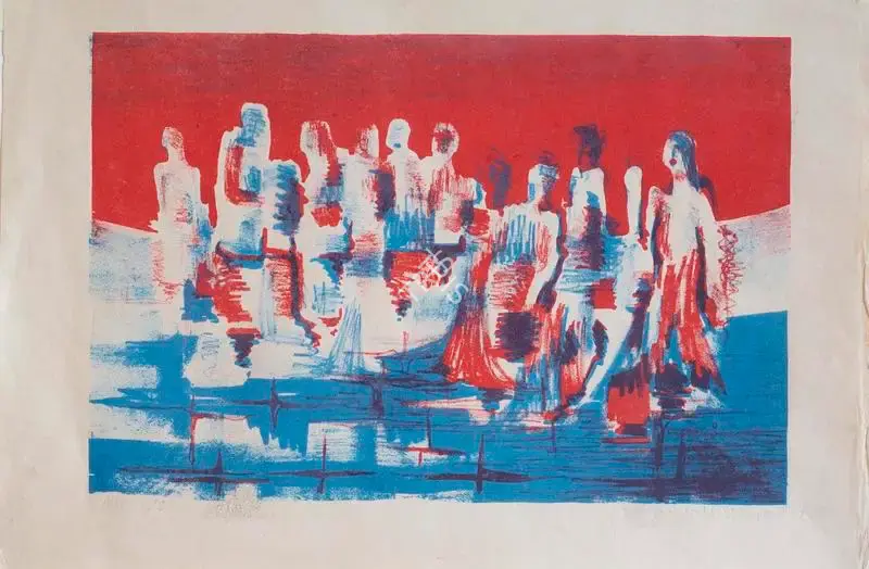 Somnath Hore (Artist), Untitled (Figures in Red & Blue), 1962, Painting