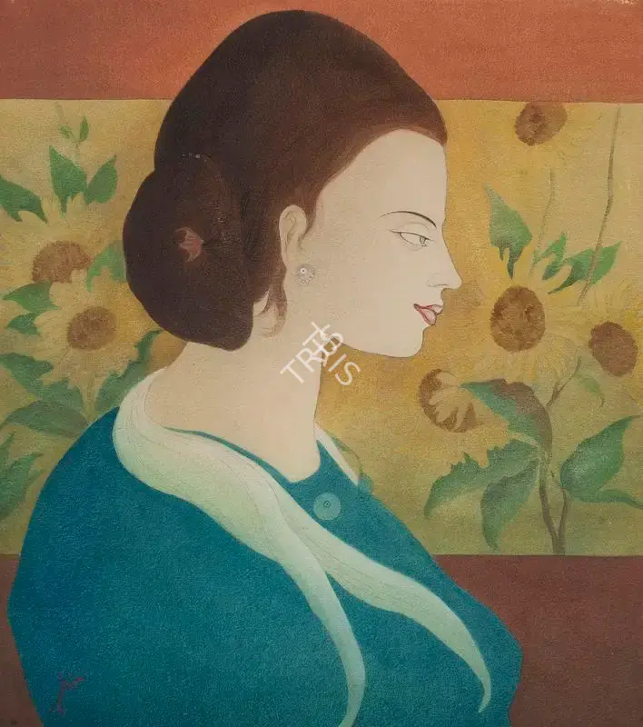Chughtai, M.A.R. (Artist). Untitled (Lady with Sunflowers), n.d. | Painting, Ch.NeY/12.09.18, 2018 · Christie's