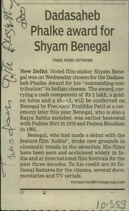 Dadasaheb Phalke Award for Shyam Benegal, 2000, Newspaper Clipping