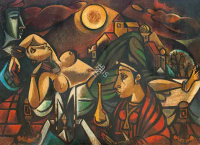 A.A. Raiba (Artist), Lovers in Moonlight, 1965, Painting