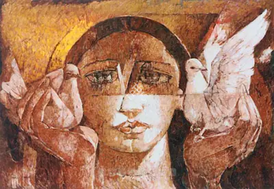 Jamil Naqsh (Artist), Untitled (Woman With Pigeons), Painting