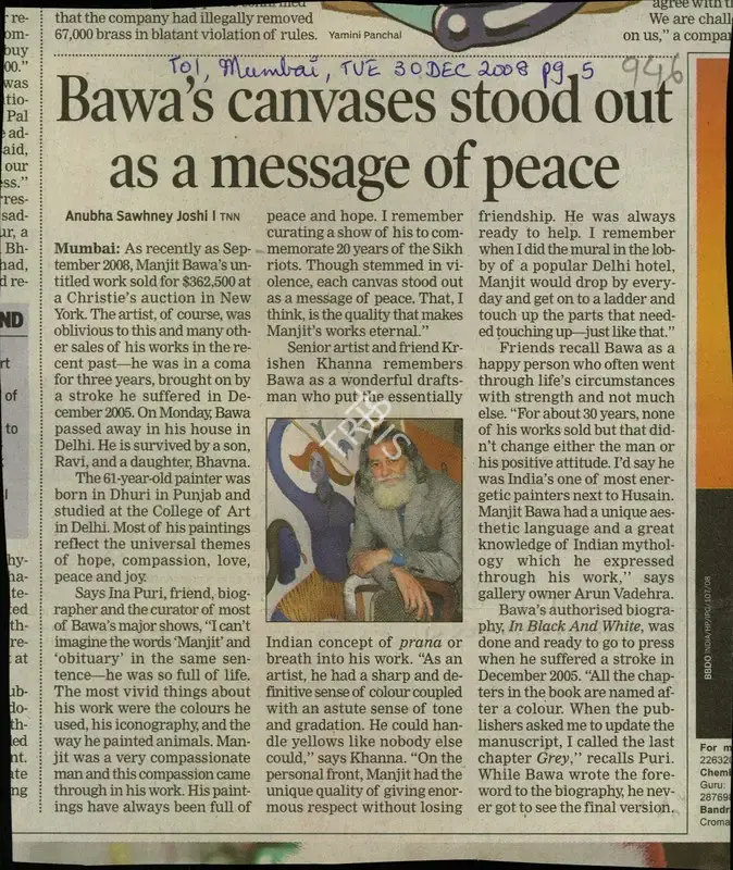 Anubha Sawhney Joshi (Reporter), Bawa's Canvases Stood Out as a Message of Peace, 2008, Newspaper Clipping