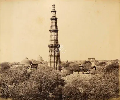 Samuel Bourne (Photographer), The Kootub Minar and Surrounding ruins, from the East, 1865, Antiquarian Photograph