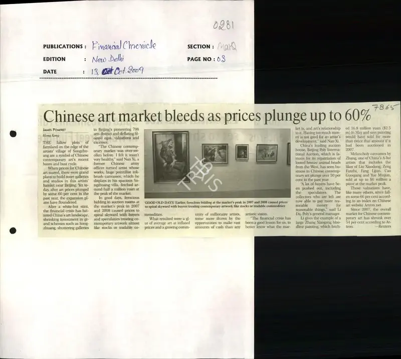 James Pomfret (Reporter), Chinese Art Market Bleeds as Prices Plunge Up to 60%, 2009, Newspaper Clipping