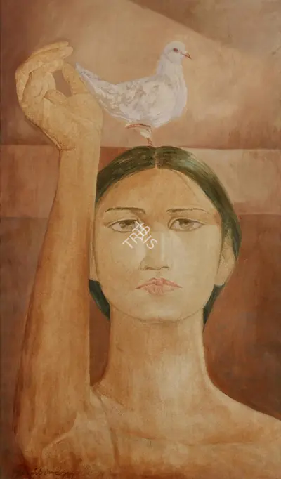 Jamil Naqsh (Artist), Woman with Dove, Painting