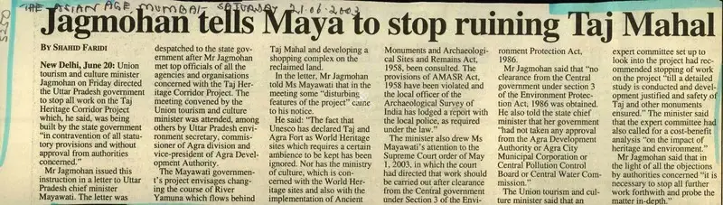 Shahid Faridi (Reporter), Jagmohan Tells Maya to stop Ruining Taj Mahal, 2003, Newspaper Clipping