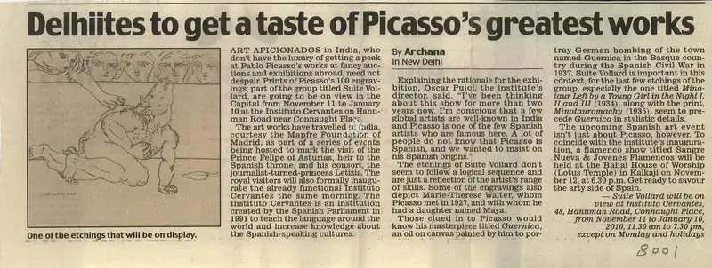 Archana Khare (Reporter), Delhites to Get A Taste of Picasso's Greatest Works, 2009, Newspaper Clipping