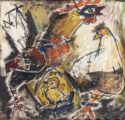 M.F. Husain (Artist), Untitled (Cockerels), 1951, Painting