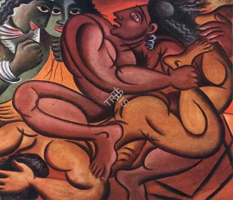 George Keyt (Artist), Bhima and Jarasandha, 1943, Painting