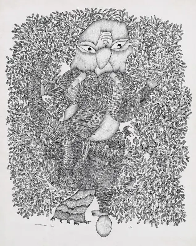 Jangarh Singh Shyam (Artist), Ganesh (Gond Art), 1995, Painting