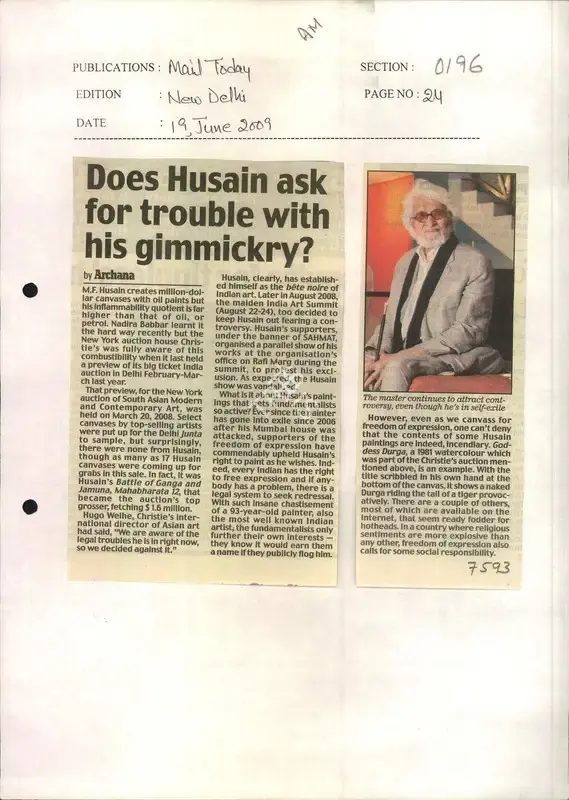 Archana Khare (Reporter), Does Husain ask for Trouble with his Gimmickry, 2009, Newspaper Clipping