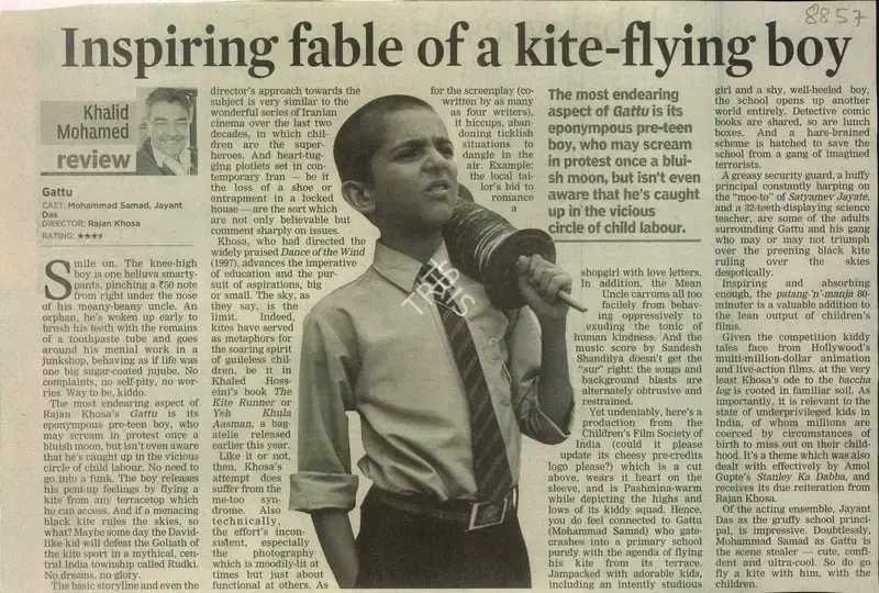 Khalid Mohamed (Writer), Inspiring Fable of a Kite-Flying Boy, 2012, Newspaper Clipping