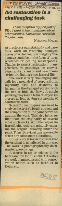 Niranjan Mallik (Reporter), Art Restoration is a Challenging Tasks, 2003, Newspaper Clipping
