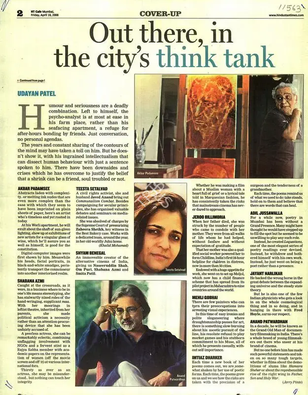 Udayan Patel (Writer), Out There, In the City's Think Tank, 2008, Newspaper clipping