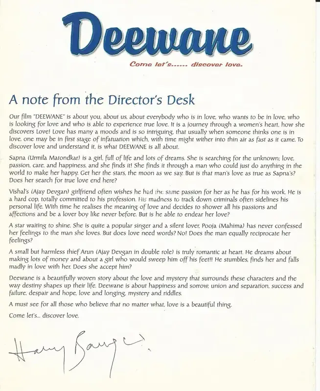 Paramjeet Baweja (Producer), Deewane, 2000, Song-Synopsis Booklet