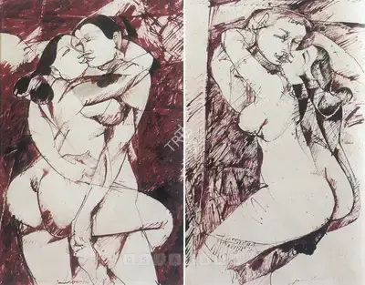 Jamil Naqsh (Artist), Couples Embracing, 1988, Painting