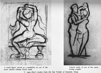 Satyajit Ray (Artist), Satyajit Ray's sketch of the 'Tribhanga' Pose of Indian sculpture from his Tour of India, 1940, Drawing