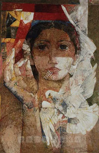 Jamil Naqsh (Artist), Untitled (Woman With Doves), 1988, Painting