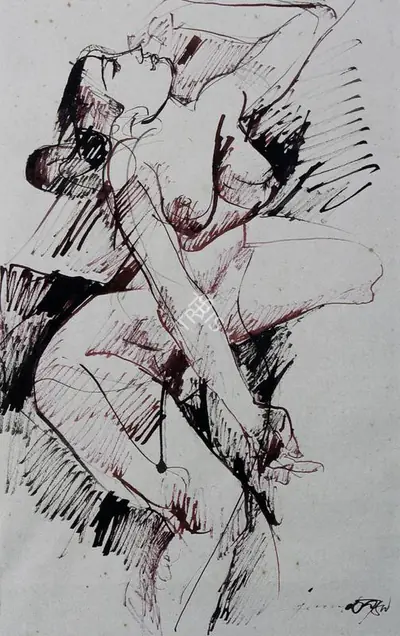 Jamil Naqsh (Artist), Female Nude in Dance Pose, Painting