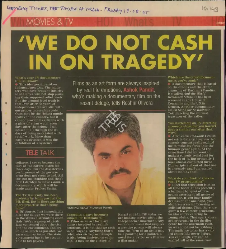 Roshni Olivera (Reporter), We do not cash in on Tragedy, 2005, Newspaper Clipping