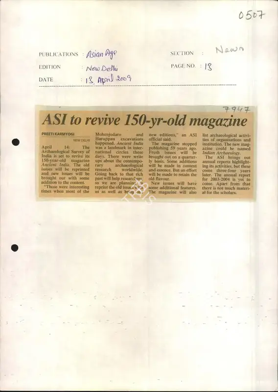 Preeti Karmyogi (Reporter), ASI to Revive 150-Yr-Old Magazine, 2009, Newspaper Clipping