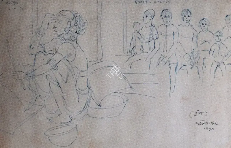 A.A. Almelkar (Artist), Woman Grinding Corn with Onlookers, 1970, Drawing