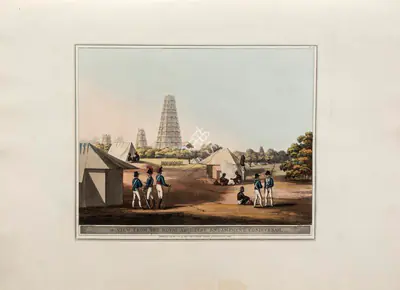 H. Merke (Printmaker), A view from the Royal Artillery Encampment, Conjeveram, 1805, Aquatint