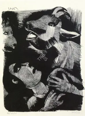 K.G. Subramanyan (Artist), Woman/Goats, 1983, Graphic Art