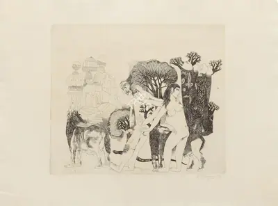 K. Laxma Goud (Artist), Untitled (Nizampur V), 1975, Graphic Art