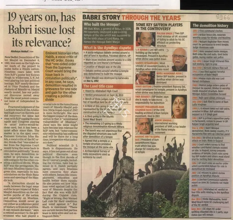 Akshaya Mukul (Writer), 19 years on, has Babri issue lost its Relevance, 2011, Newspaper Clipping