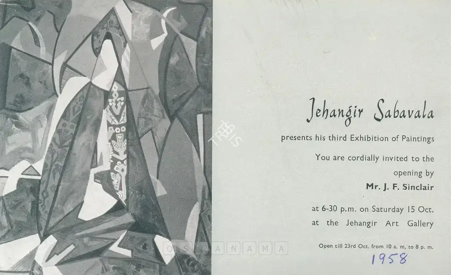 Jehangir Sabavala (Artist), Jehangir Sabavala, 1958, Solo Exhibition Invitation