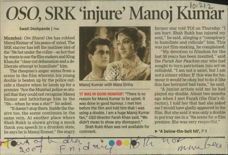 Swati Deshpande (Reporter), OSO, SRK 'Injure' Manoj Kumar, 2007, Newspaper Clipping