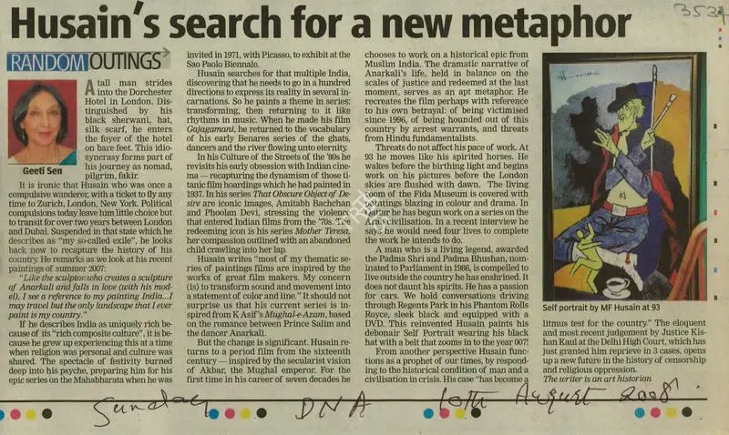Geeti Sen (Writer), Husain's Search for a New Metaphor, 2008, Newspaper Clipping