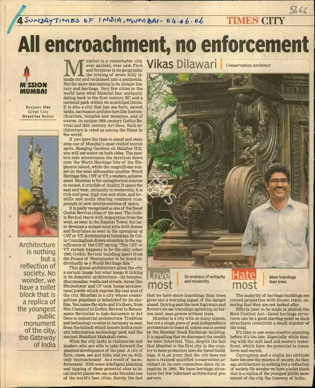Vikas Dilawari (Writer), All Encroachment, Non Enforcement, 2006, Newspaper Clipping